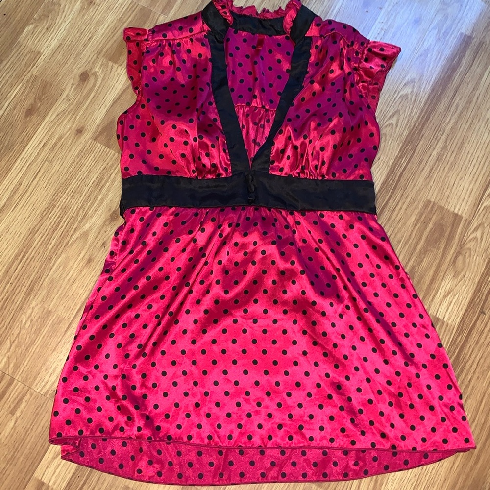 Tempted, hot pink and black polka-dot blouse
